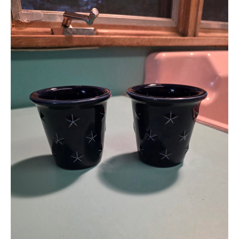 Vintage Longaberger Pottery Navy Blue Star Votive Candle Holders Set of 2 USA